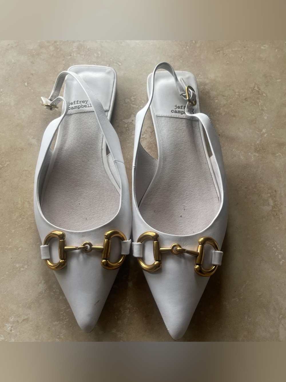 Jeffrey Campbell White Pointed Slingback Flats with Gold Horsebit